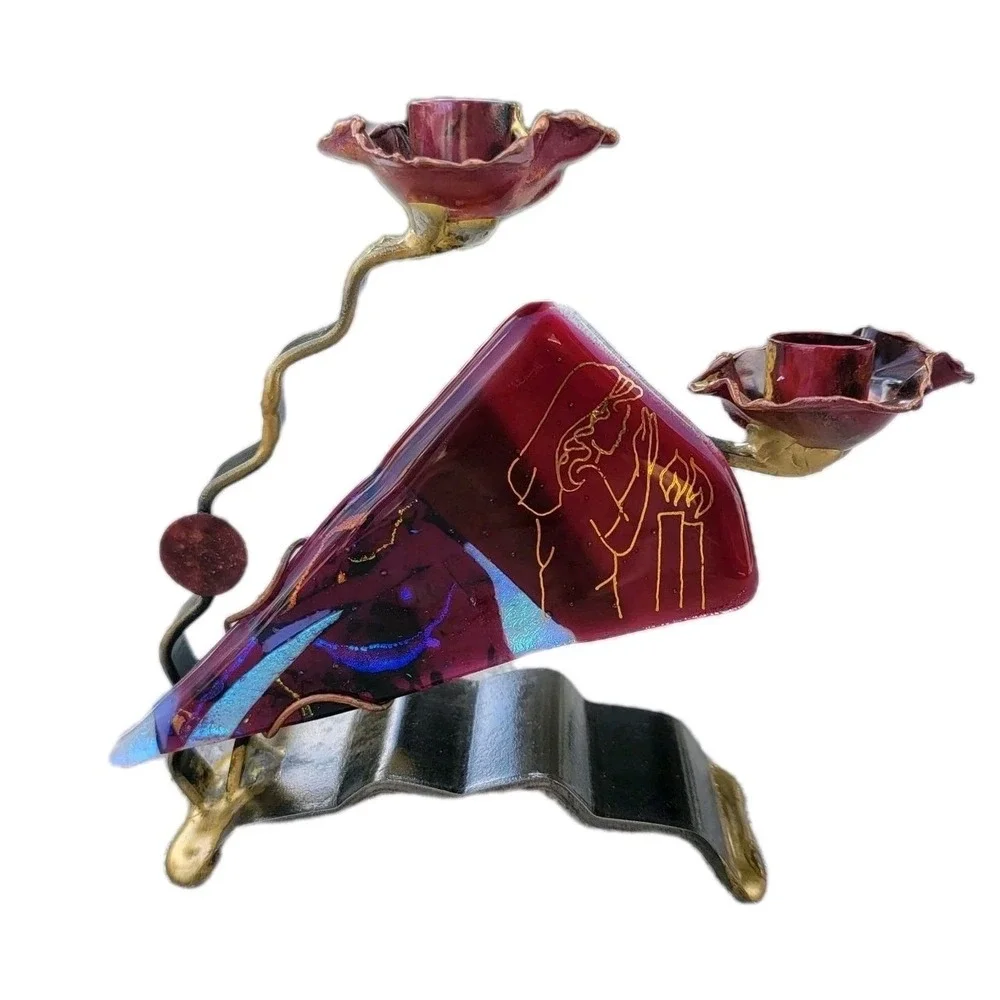Gary Rosenthal‎ Judaica GLASS MIXED METALS Sabbath candle holder Jewish Abstract